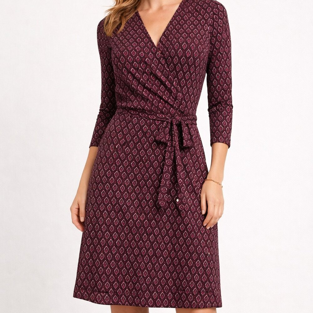 Ann Taylor Maroon Geo Pattern Faux Wrap Dress